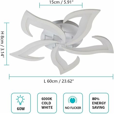 COMELY LED-Deckenleuchte, moderne Deckenleuchte 60 W 4500 lm, moderne Blütenblatt-Deckenleuchte für Wohnzimmer, Küche, Badezimmer, Schlafzimmer, Esszimmer (kaltweiß 6000 K, Durchmesser 60 cm)
