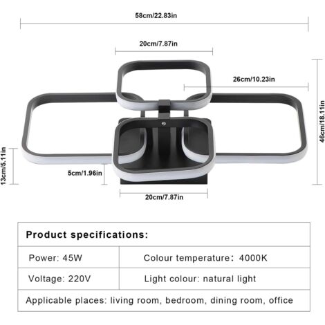 COMELY Moderne LED Deckenleuchte für Wohnzimmer, Schlafzimmer, Flur, Büro (4 Schwarze Quadrate, 45W, Neutrales Licht 4500K)
