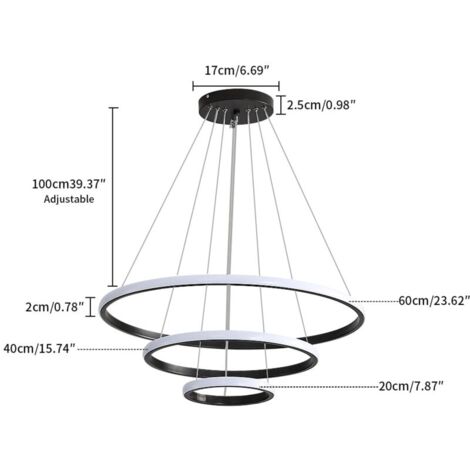 COMELY LED-Pendelleuchte, 3 Ringe (20+40+60cm), LED-Hängeleuchte 3000k / 4500k / 6500k 3 Farben, Höhenverstellbar, für Esstisch, Wohnzimmer, Esszimmer, Schlafzimmer - Schwarz