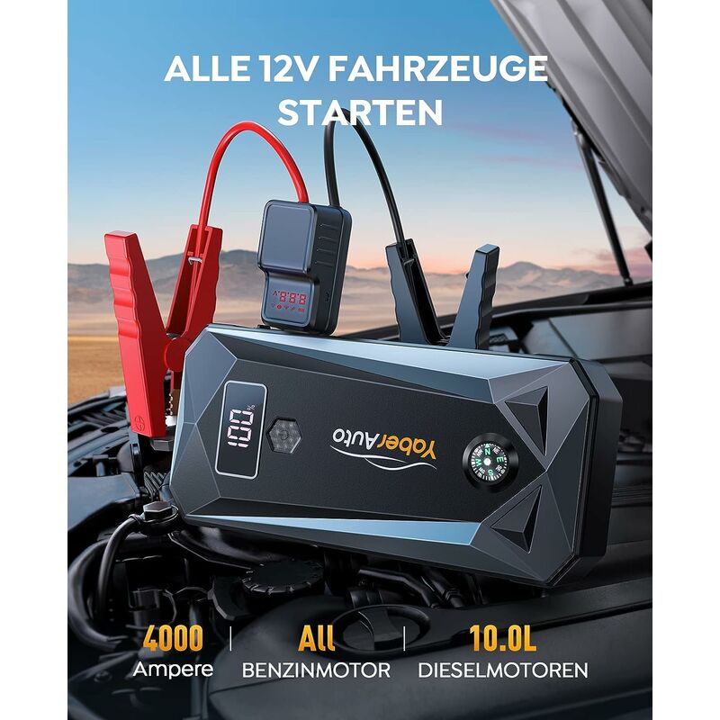 YABER Auto KFZ-Starthilfe 2500A 23800mAh Powerbank Wireless Charger LCD  Display für alle Benziner & Diesel bis zu 8L - eCommercefun
