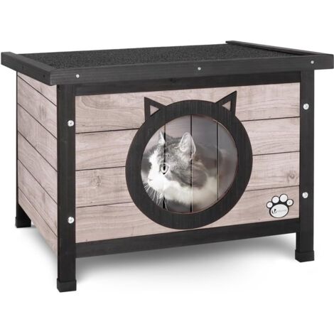 VOUNOT® Katzenhaus aus Holz, Katzenhaus mit Asphaltdach, Draussen Katzenhütte 57 x 45 x 43 cm, Grau