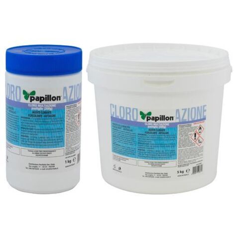 Papillon – Cloro multiazione in pastiglie 200 gr – Azione preventiva contro le alghe – Flocculante per filtrazione acqua piscina – Dosaggio 5 pasticche ogni 100m³ (1/4)