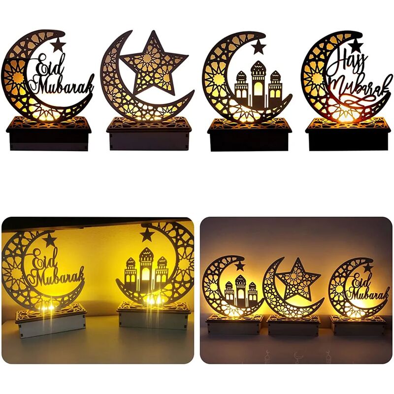 Eid Mubarak Muslim LED Night Light Ramadan Lamp Decor Lights Wooden Lantern  DIY
