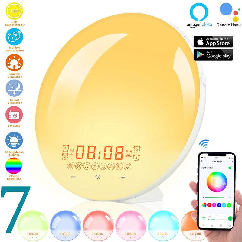 Wifi Smart LED Light Alarm Clock Wake Up Light Daylight Digital Alarm Clock  FM Radio Bedside Lamp Kids Adults Gift APP Alexa Remote Control