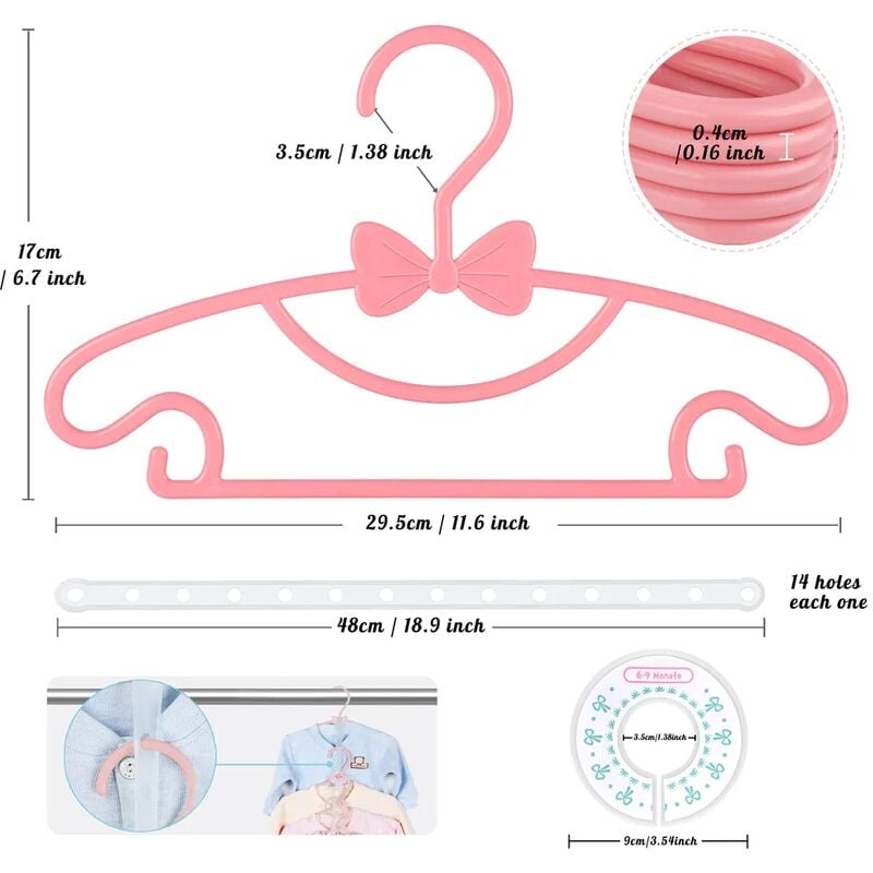Homewit 30-piece plastic children's hangers with bows, L29.5 x H17 x D0.4  cm Baby hangers set, non-slip hangers with dividers Ideal for baby and child