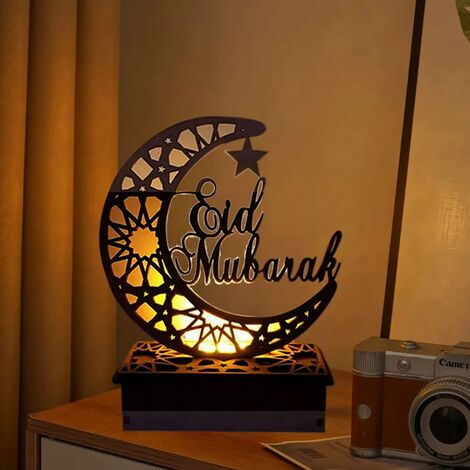 Eid Mubarak Wooden Ramadan Night Light Party Ornament LED Moon Table Lamp  Muslim