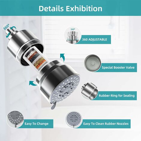 Filtered Shower Head, 15 Stage Handheld Shower Head Filter for Hard Water,  10 Modes High Pressure Shower Head with 60 Hose and Bracket, Remove