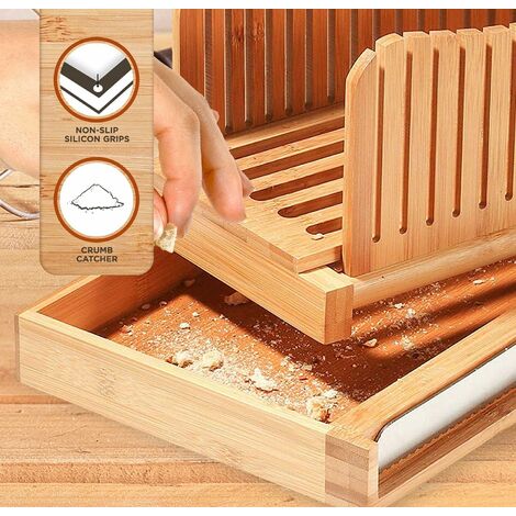 Kitchen Seven Bamboo Bread Slicer with Crumb Tray Bamboo Bread Cutter for Homemade Bread, Loaf Cakes, Bagels Slicer, 3 Slice Sizes, Adjustable, Compac