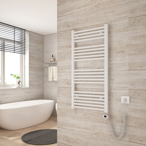 Heilmetz Calentador de Baño Eléctrico 100x50cm Calienta Toallas con Termostato Digital con Función de Temporizador Secador de Toallas Recto Blanco 500W
