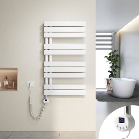 Heilmetz Secador de Toallas Eléctrico, Secador de Toallas Plano con Elemento Eléctrico Temporizador, Conexión Lateral, 90x50cm, 400W, Blanco