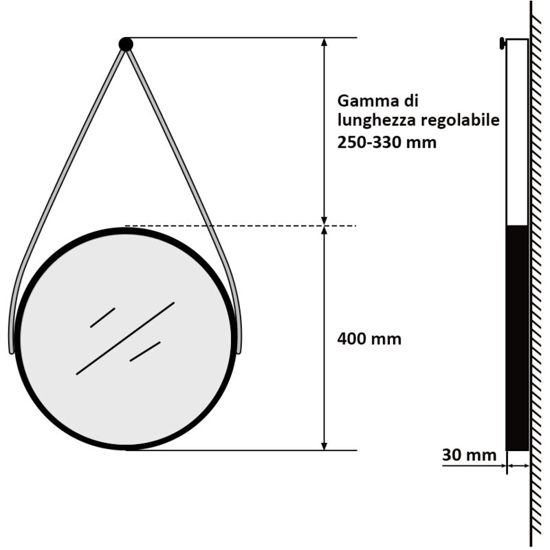 Heilmetz Specchio rotondo da parete, diametro 80 cm, specchio da parete con  cinturino regolabile, specchio da bagno nero, impermeabile IP44, senza luce  LED : .it: Casa e cucina
