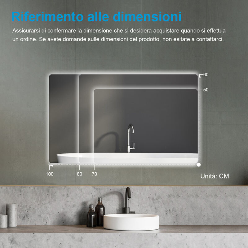 EMKE Specchio da bagno retroilluminato Bluetooth illuminato con presa per  rasoio, 500 x 700 mm, specchio da bagno multifunzione a LED con luci