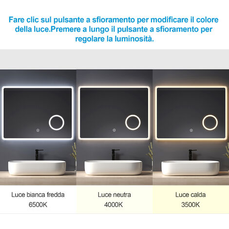 Heilmetz Specchio da bagno con illuminazione Specchio da parete Specchio da bagno con illuminazione Specchio da bagno a LED IP44 a risparmio energetico (80x60cm Touch+Fog+3 colori+ingrandimento)