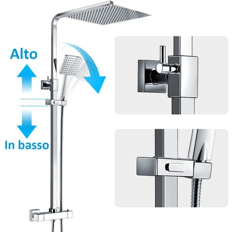 Heilmetz Sistema doccia con set doccia a pioggia termostatato, colonna doccia in acciaio inox 304 con soffione e doccetta, doccia a pioggia angolare 30x30cm Asta doccia regolabile 800-1180mm cromo