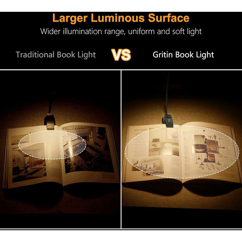 Gritin Lampe de Lecture Rechargeable, 9 LED Liseuse Lampe Clip, Gradation  Progre