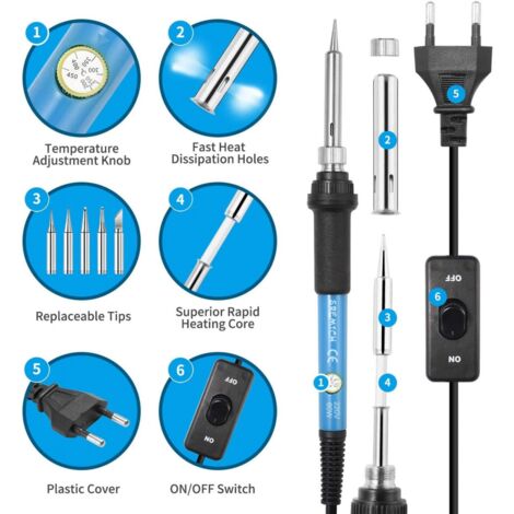 Fer a Souder [Upgraded] Fer a Souder Etain de Précision avec Interrupteur ON/OFF, Temperature Réglable 200-450℃, 9 en 1 Kit, 5 pointes de fer à souder, fil à souder, Support de fer à souder