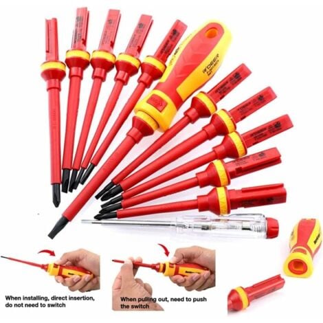 Coffret de tournevis Lot de 13 Tournevis Isolés CR-V Haute Tension 1000V Magnétique Phillips Fente Torx Tournevis Durable Outil manuel, Kit D'outils de Réparation D'électricien