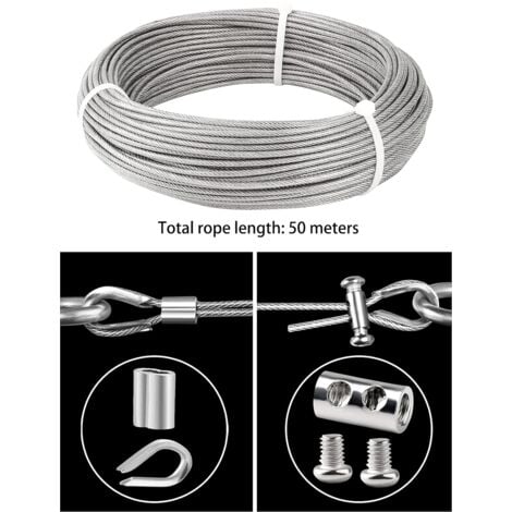 Cable Inox 3mm,50M/3mm Corde en Acier Inoxydable,Cable en Acier Revêtu avec Serre-Cables,M3 Manchons,Cosses en Acier Inoxydable,3mm Cable Mtallique pour Fil a linge,Cable de Garde Corps