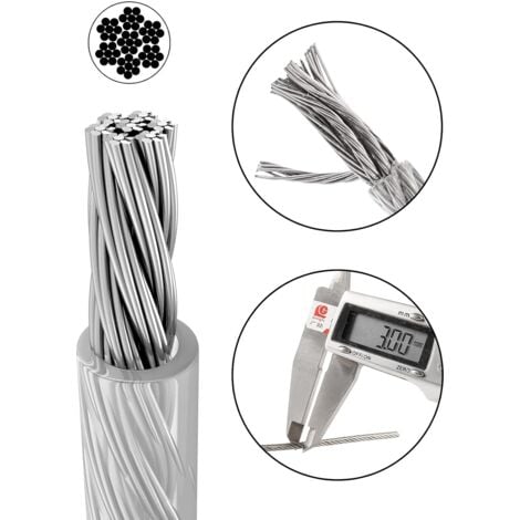 Cable Inox 3mm,50M/3mm Corde en Acier Inoxydable,Cable en Acier Revêtu avec Serre-Cables,M3 Manchons,Cosses en Acier Inoxydable,3mm Cable Mtallique pour Fil a linge,Cable de Garde Corps