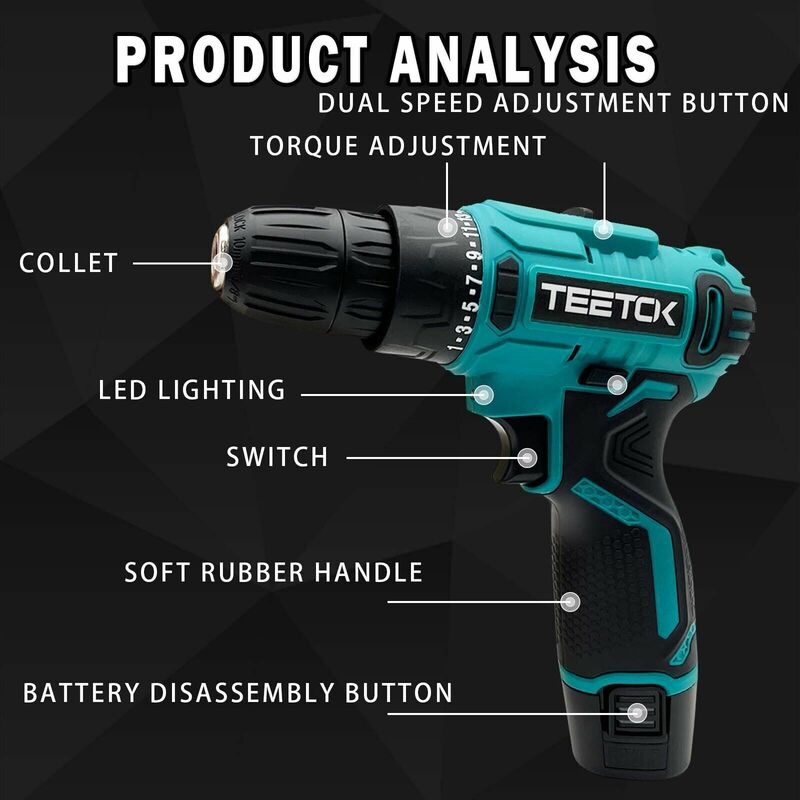 Kit trapano avvitatore a batteria da 12 V, trapano combinato con 1 batteria  agli ioni di litio da 3000 mAh, 17 accessori, caricatore rapido, 25  impostazioni di coppia, 2 velocità, mandrino da 3/8, id