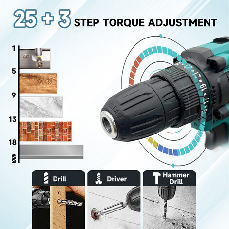 Trapano avvitatore a batteria 21V 25 1 Impostazione coppia 0-400/1400  giri/min Trapano avvitatore con batteria ricaricabile Cacciavite a  percussione