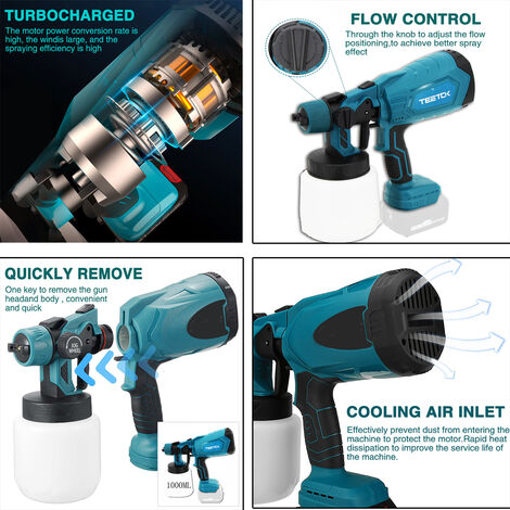 Set sistema di verniciatura a spruzzo a batteria Pistola a spruzzo  elettrica per vernice Pistola a spruzzo per vernice 1000 ml Compatibile con  Makita