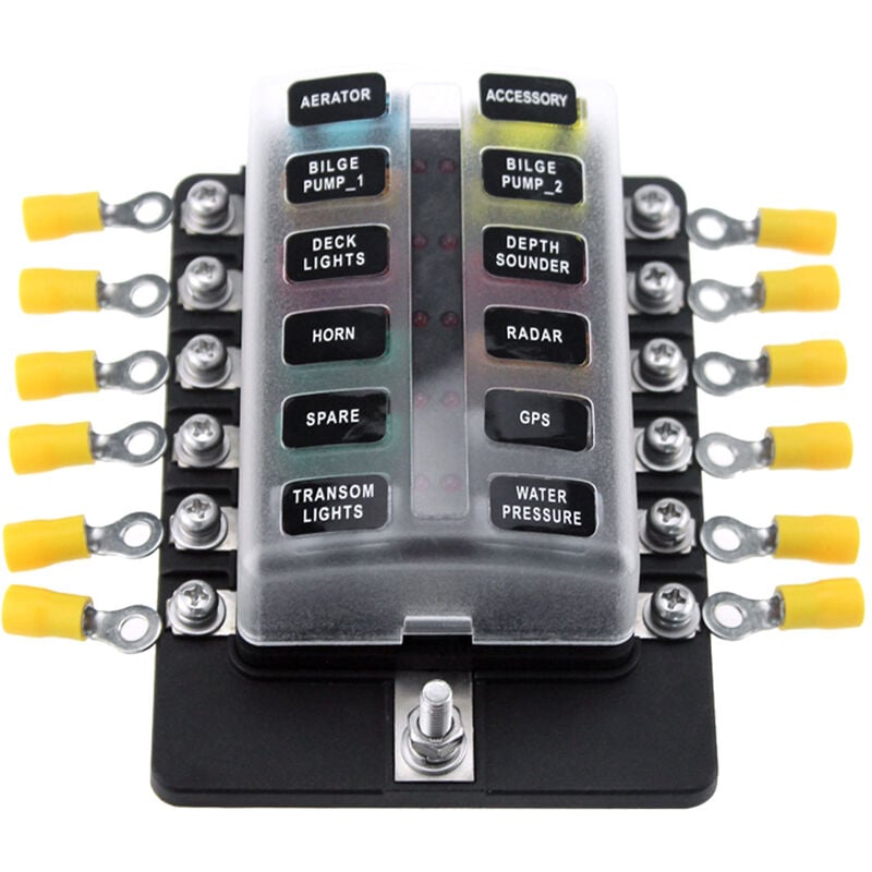 Boîte à fusibles 12 voies (bornes à vis) avec LED d'avertissement +10pcs  Blocs de fusibles (10A2,15A2,20A2 25A2,30A2) +10 Bornes jaunes +  Autocollants