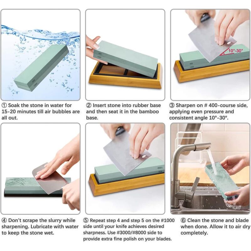 Pierre à Aiguiser Meiyijia 3000/8000 Grit - Corindon Blanc - 2 En 1 Avec Base Anti-Dérapante - Pour Couteaux De Cuisine