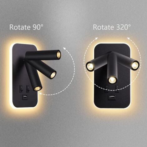 Applique murale LED, liseuse de chevet avec interrupteur, port de charge USB, éclairage d'ambiance réglable pour chambre (lumière naturelle 3 W + lumière chaude 9 W) Noir