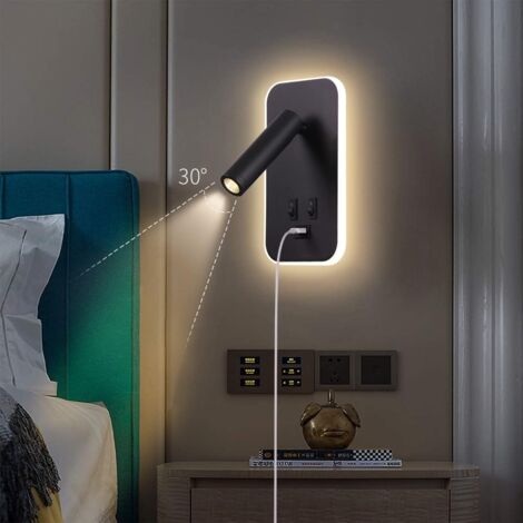 Applique murale LED, liseuse de chevet avec interrupteur, port de charge USB, éclairage d'ambiance réglable pour chambre (lumière naturelle 3 W + lumière chaude 9 W) Noir