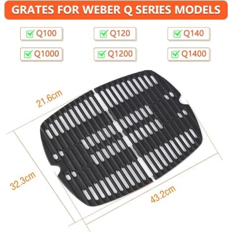 GFTIME 7644 32,3 x 21,6cm Grillrost Gusseisen Ersatzteile Zubehör Passend für Weber Baby Q Q100, Q1000 Serie, Q120, Q140, Q1200, Q1400 Gasgrill, Weber Gusseisen Grillrost Ersatzteile, Set 2 Stück