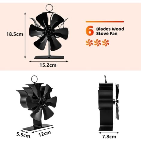 GFTIME Ofenventilator mit 6 Blättern Kaminventilator, Ventilator für Kaminofen, Holzofen, Kaminventilator ohne Strom, wärmebetriebener Ventilator mit Halterung
