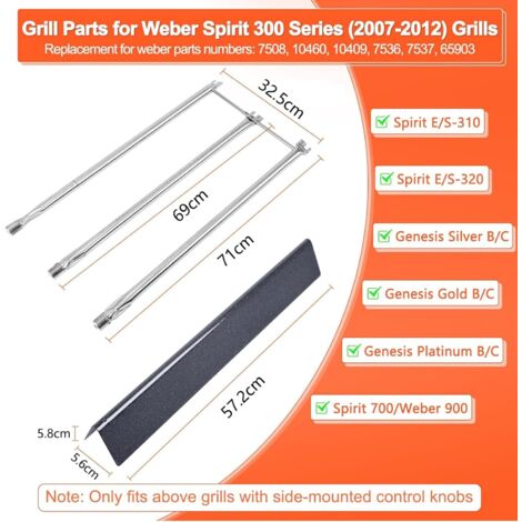 GFTIME 57CM Flavourizer Bar & 71CM Brenner für Weber Spirit 300 E310 E320 mit 3 Seitlichen Bedienknöpfen (2007-2012), Spirit 700 900, Brennerabdeckung & Grillbrenner Ersatzteile für Weber 7508 7536
