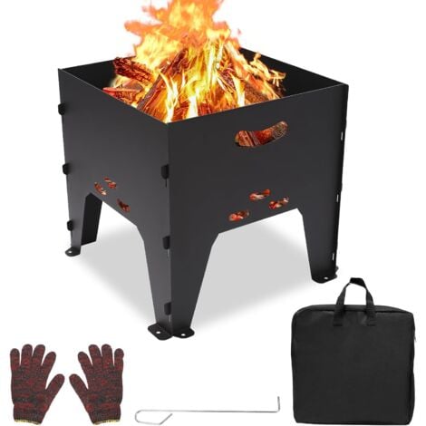 GFTIME Tragbare Feuerschale mit Tasche & Handschuhen – Robuste, hitzebeständige Feuerstelle für Garten, Camping & Outdoor, 36,3 x 34,5 x 35 cm, Schwarz
