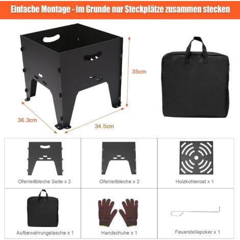 GFTIME Tragbare Feuerschale mit Tasche & Handschuhen – Robuste, hitzebeständige Feuerstelle für Garten, Camping & Outdoor, 36,3 x 34,5 x 35 cm, Schwarz