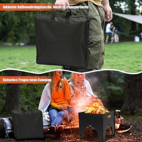 GFTIME Tragbare Feuerschale mit Tasche & Handschuhen – Robuste, hitzebeständige Feuerstelle für Garten, Camping & Outdoor, 36,3 x 34,5 x 35 cm, Schwarz