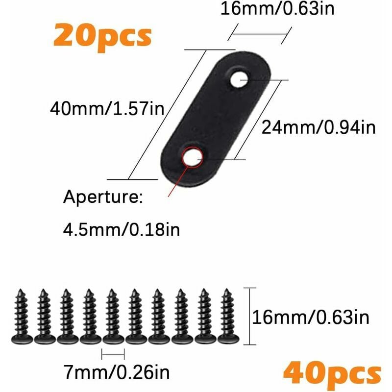 8 Pièces Pattes D'assemblage Support de Fixation Renfort Droit Plat,  Métalliques Supports D'angle Plats Fixation Droits Plats Plaques avec 32  vis (Noir) : : Bricolage