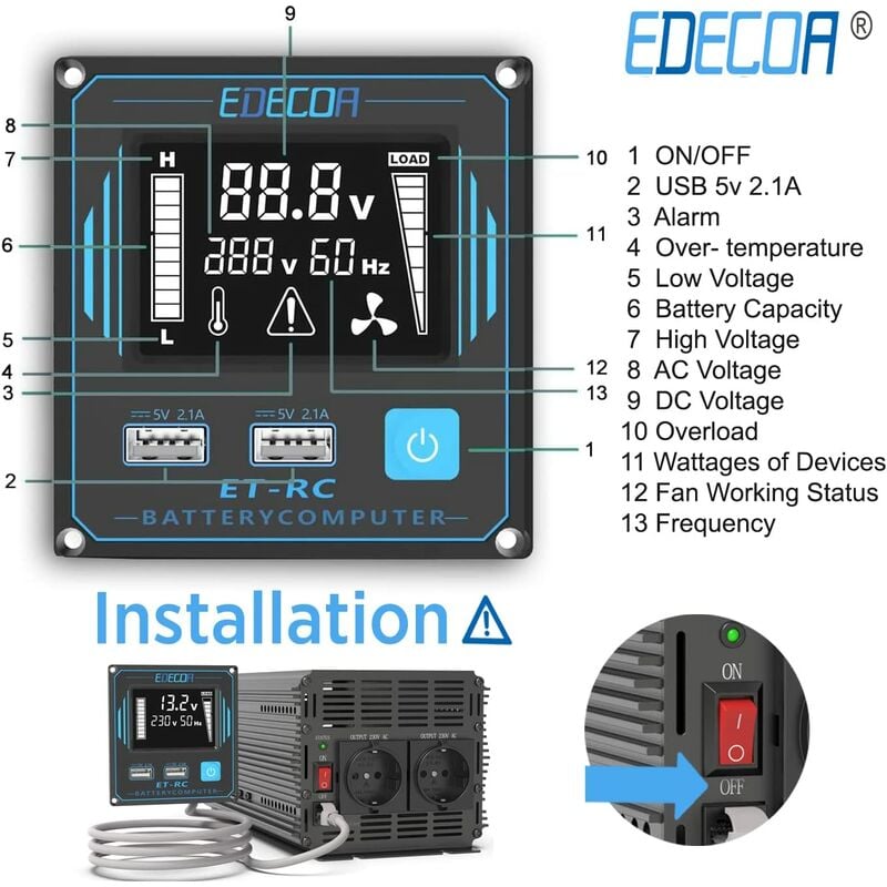 EDECOA 1500W 2500W reiner Sinus-Wechselrichter DC 12V auf AC 220V 230V 240V  netzunabhängiger Solar-Wechselrichter-Konverter Auto-Wechselrichter