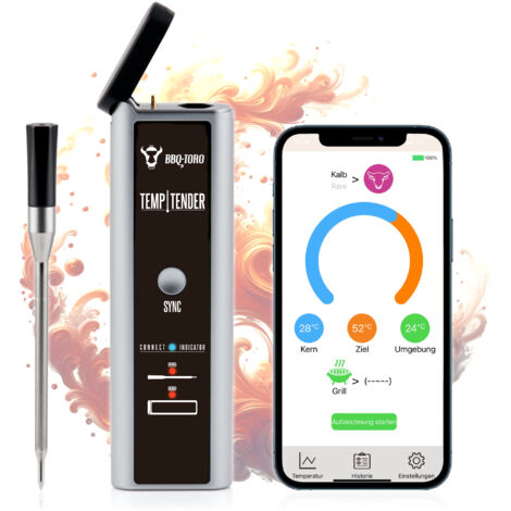 BBQ-Toro TempTender, termómetro inalámbrico para barbacoas incl. caja de carga con app para resultados óptimos en la barbacoa.