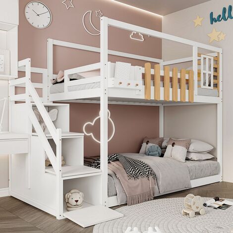 Lit cabane Lit de maison lit d'enfant avec escalier et fenêtre escalier  avec 3 tiroirs blanc 200x90 cm