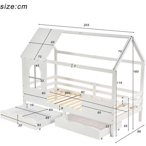 Lit cabane 200x90 cm avec protection contre les chutes Tiroirs en bois à  usages multiples pour garçons et filles Blanc Lit d'enfant