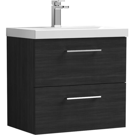 Nuie Arno Charcoal Black Woodgrain 600mm Wall Hung 2 Drawer Vanity Unit and Thin Edge Ceramic Basin - ARN624D