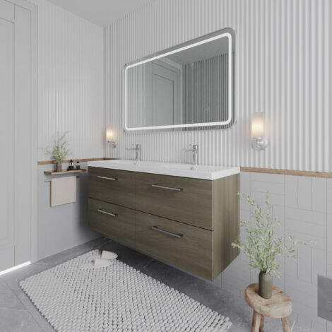Nuie Arno Solace Oak Woodgrain 1200mm Wall Hung 4 Drawer Vanity Unit with Double Ceramic Basins - ARN2524F
