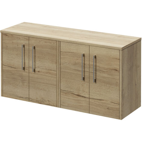 Wholesale Domestic Horizon Autumn Oak 1200mm Wall Mounted Vanity Unit for Countertop Basins with 4 Doors and Polished Chrome Handles