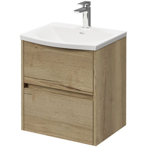 Montego Autumn Oak 500mm Wall Mounted Vanity Unit with 1 Tap Hole Curved Basin and 2 Drawers (1/5)