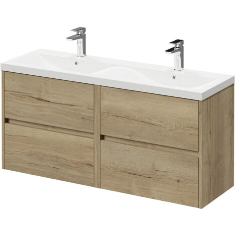Montego Autumn Oak 1200mm Wall Mounted Vanity Unit with Ceramic Double Basin and 4 Drawers (1/5)