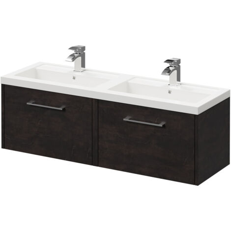 Wholesale Domestic Horizon Metallic Slate 1200mm Wall Mounted Vanity Unit with Polymarble Double Basin and 2 Drawers with Polished Chrome Handles (1/5)