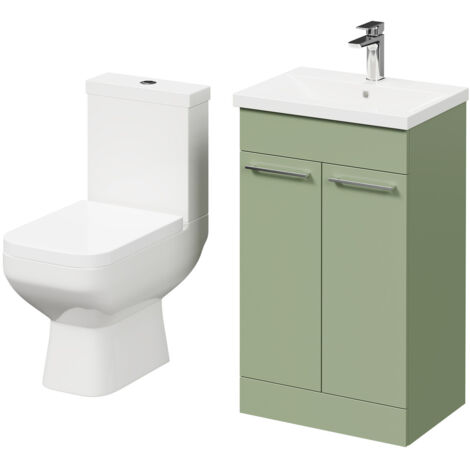 Wholesale Domestic Turin Olive Green 500mm Floor Standing Vanity Unit and Toilet Suite with 1 Tap Hole Basin and 2 Doors with Polished Chrome Handles