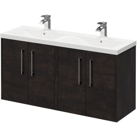 Wholesale Domestic Horizon Metallic Slate 1200mm Wall Mounted Vanity Unit with Ceramic Double Basin and 4 Doors with Polished Chrome Handles
