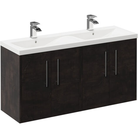 Wholesale Domestic Horizon Metallic Slate 1200mm Wall Mounted Vanity Unit with Ceramic Double Basin and 4 Doors with Polished Chrome Handles
